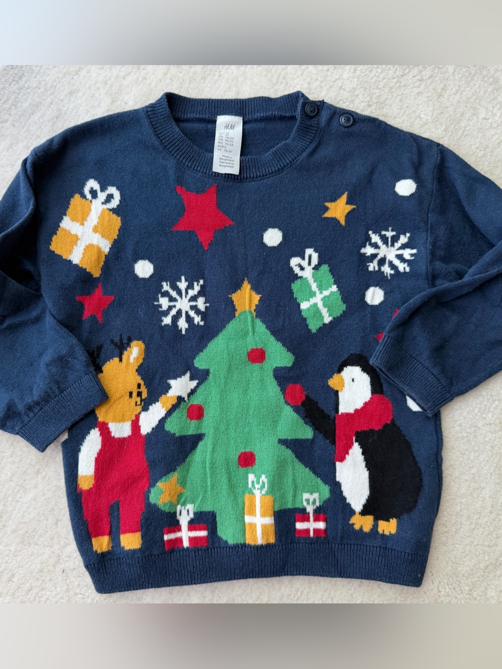 H&M Navy Kids Holiday Sweater with Tree, Bunny & Penguin